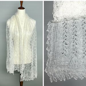 Goat Wool Lace Knit Oblong Shawl Scarf Handmade Russian Orenburg Style Ivory